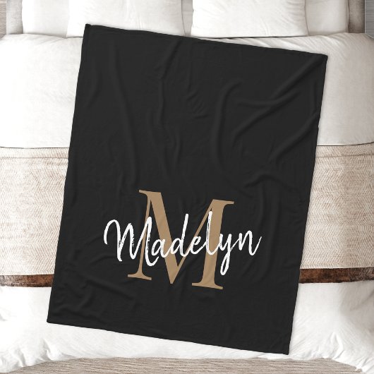 Monogram Black Gold Elegante Feminine Chic Script Fleecedecke