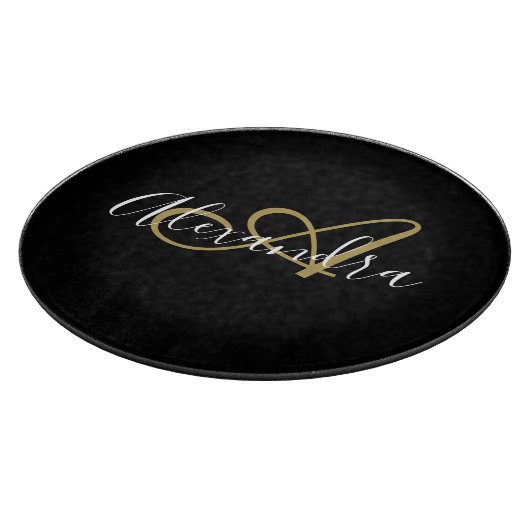 Monogram Black Gold Elegante Script Name Koch Schneidebrett (Ecke)
