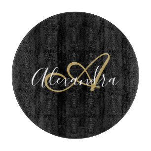 Monogram Black Gold Elegante Script Name Koch Schneidebrett