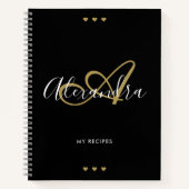 Monogram Black Gold Elegante Script Name Rezept Notizblock (Vorderseite)
