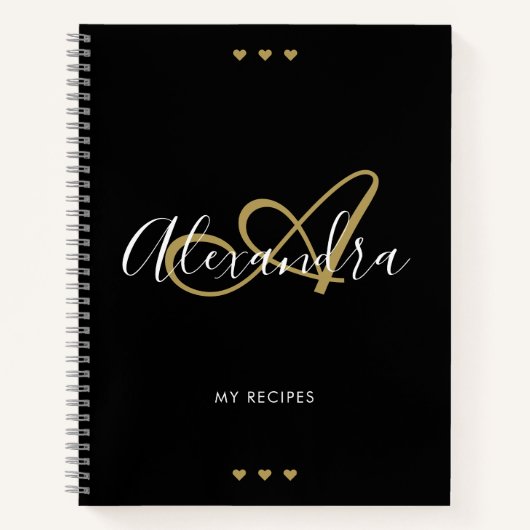 Monogram Black Gold Elegante Script Name Rezept Notizblock (Vorderseite)