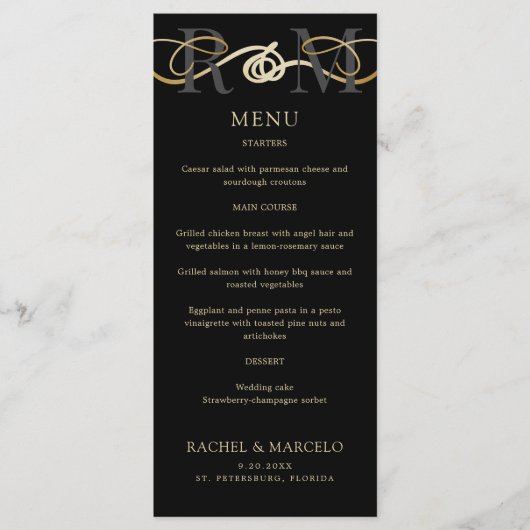 Monogram Black Gold Elegante Wedding Menu Menükarte (Vorderseite)