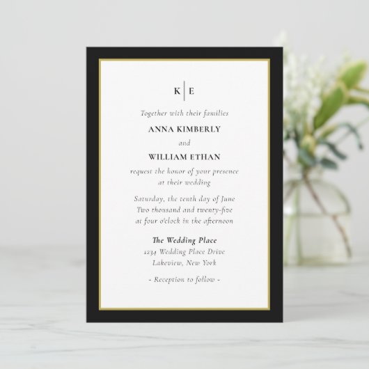Monogram Black Gold - Familien zum Hochzeitsempfan Einladung (Stehend Vorderseite)