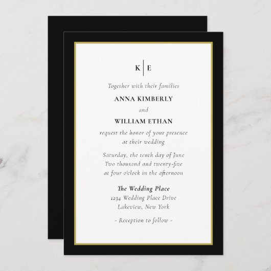 Monogram Black Gold - Familien zum Hochzeitsempfan Einladung (Vorne/Hinten)