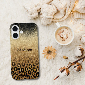 Monogram Black Gold Glitter Leopard Print iPhone 16 Hülle