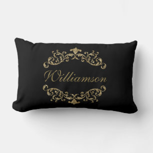 Monogram Black Gold Glitzer Blühte Damask Verziert Lendenkissen