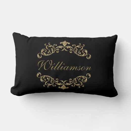 Monogram Black Gold Glitzer Blühte Damask Verziert Lendenkissen (Vorderseite)