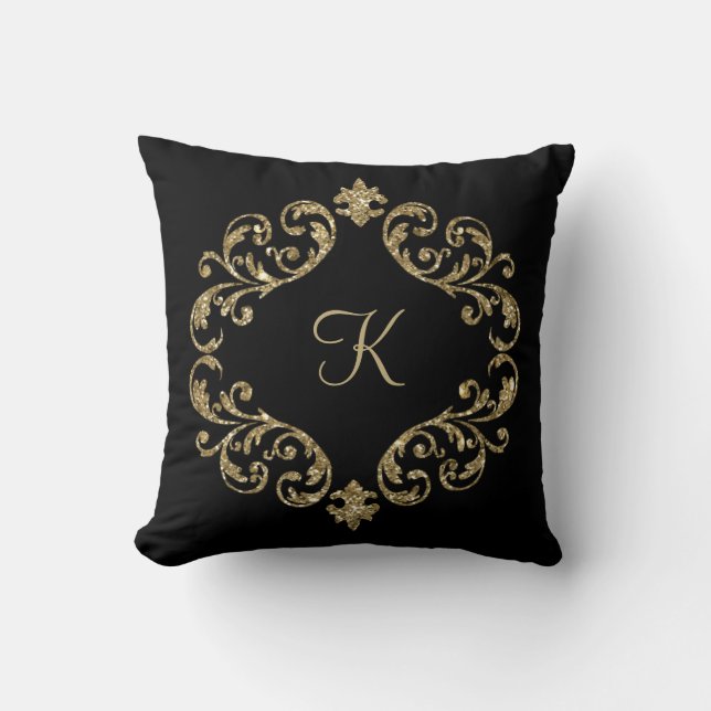 Monogram Black Gold Glitzer Damask Blüh Swirl Kissen (Vorderseite)