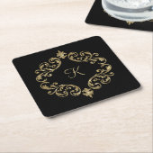Monogram Black Gold Glitzer Damask Blüh Swirl Rechteckiger Pappuntersetzer (angewinkelt)