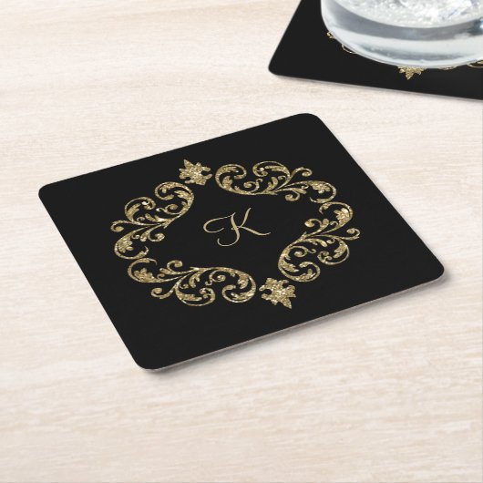 Monogram Black Gold Glitzer Damask Blüh Swirl Rechteckiger Pappuntersetzer (angewinkelt)