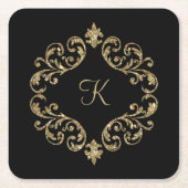Monogram Black Gold Glitzer Damask Blüh Swirl Rechteckiger Pappuntersetzer (Vorderseite)