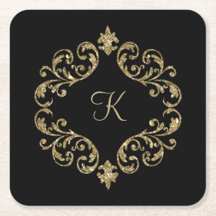 Monogram Black Gold Glitzer Damask Blüh Swirl Rechteckiger Pappuntersetzer