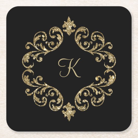 Monogram Black Gold Glitzer Damask Blüh Swirl Rechteckiger Pappuntersetzer (Vorderseite)