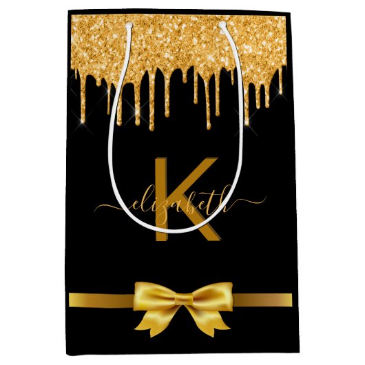 Monogram Black Gold Glitzer danke Ihnen Mittlere Geschenktüte (Vorderseite)