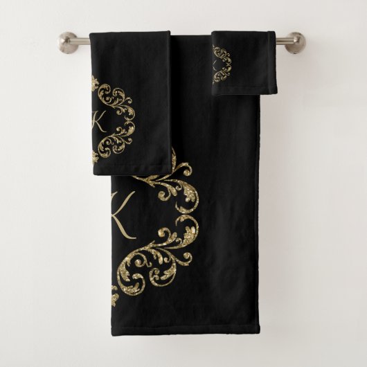 Monogram Black Gold Glitzer Trendy Chic Stilvoll Badhandtuch Set (Insitu)