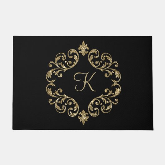 Monogram Black Gold Glitzer Trendy Chic Stilvoll Fußmatte (Vorderseite)