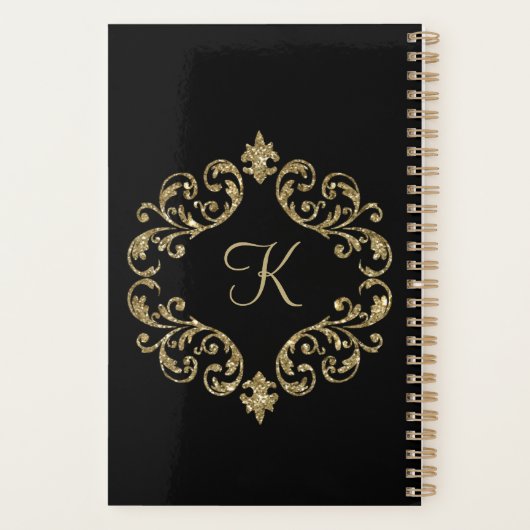 Monogram Black Gold Glitzer Trendy Chic Stilvoll Planer (Rückseite)