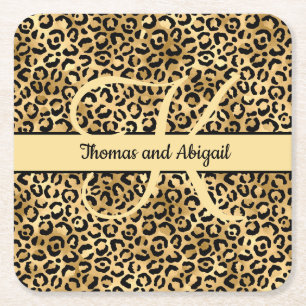 Monogram Black Gold Leopard Print Cheetah Animal Rechteckiger Pappuntersetzer
