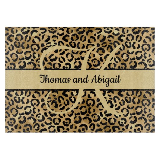 Monogram Black Gold Leopard Print Cheetah Animal Schneidebrett (Vorderseite)