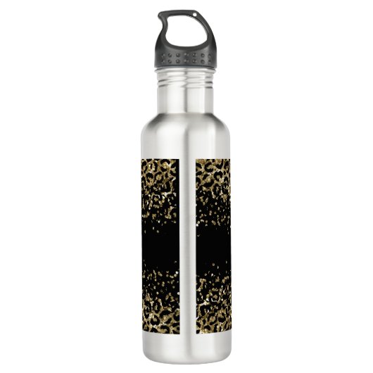 Monogram Black Gold Leopard Print Glitzer Overlay Edelstahlflasche (Rückseite)
