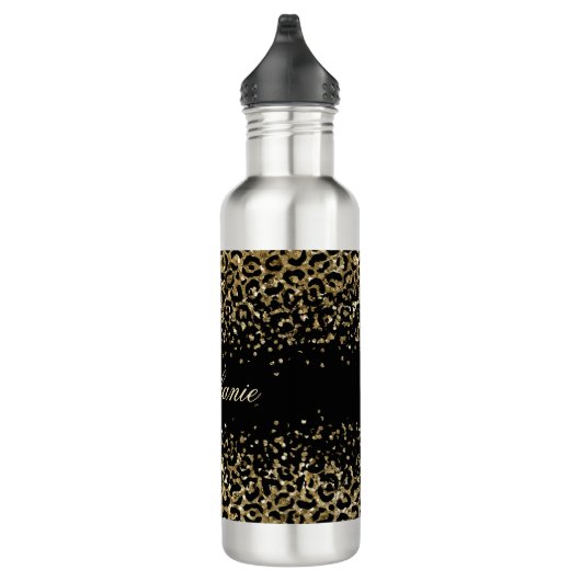 Monogram Black Gold Leopard Print Glitzer Overlay Edelstahlflasche (Rechts)