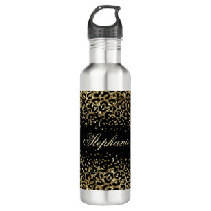 Monogram Black Gold Leopard Print Glitzer Overlay Edelstahlflasche