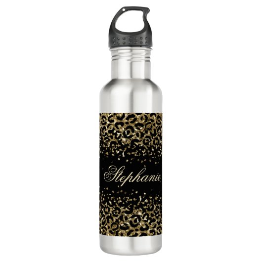 Monogram Black Gold Leopard Print Glitzer Overlay Edelstahlflasche (Vorderseite)