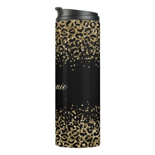 Monogram Black Gold Leopard Print Glitzer Overlay Thermosbecher (Nach rechts gedreht)