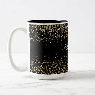Monogram Black Gold Leopard Print Glitzer Overlay Zweifarbige Tasse