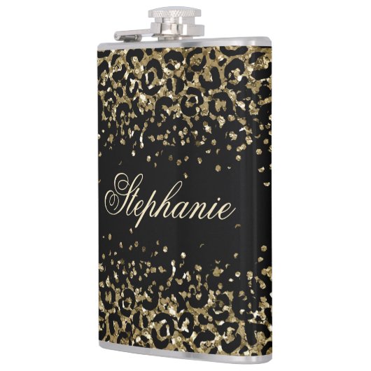 Monogram Black Gold Leopard Print Glitzer Trendy Flachmann (Links)