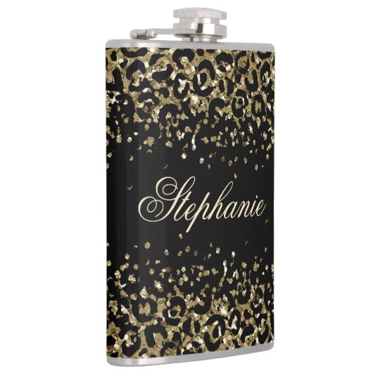 Monogram Black Gold Leopard Print Glitzer Trendy Flachmann (Rechts)