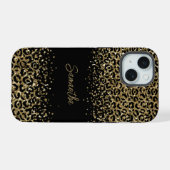 Monogram Black Gold Leopard Print Stilvoll Chic iPhone 15 Hülle (Rückseite (Horizontal))