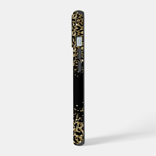 Monogram Black Gold Leopard Print Stilvoll Chic iPhone 15 Hülle (Linke Seite)