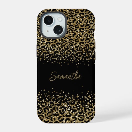 Monogram Black Gold Leopard Print Stilvoll Chic iPhone 15 Hülle (Rückseite)