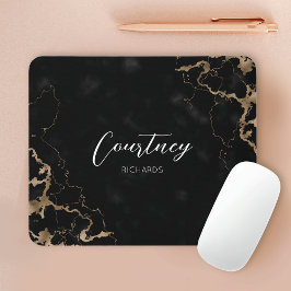 Monogram Black & Gold Marble Eleganter Schriftart  Mousepad