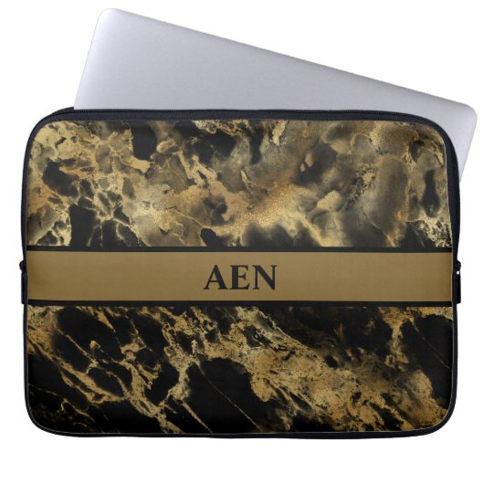 Monogram Black Gold Marmor Agate Modernes Trendy Laptopschutzhülle (Vorderseite)