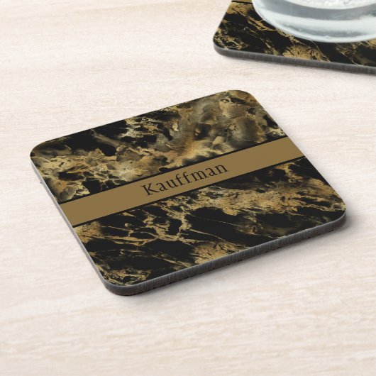 Monogram Black Gold Marmor Agate Trendy Chic Getränkeuntersetzer (Linke Seite)