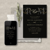 Monogram Black Gold Minimalistisch QR Code Wedding Einladung