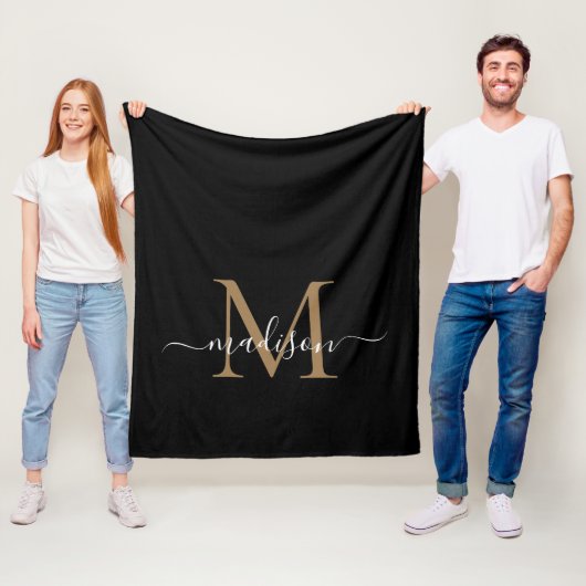 Monogram Black Gold Modern Girly Elegante Script Fleecedecke (Beispiel)