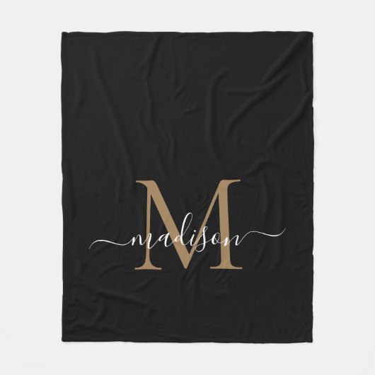 Monogram Black Gold Modern Girly Elegante Script Fleecedecke (Vorderseite)