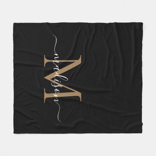 Monogram Black Gold Modern Girly Elegante Script Fleecedecke (Vorderseite (Horizontal))
