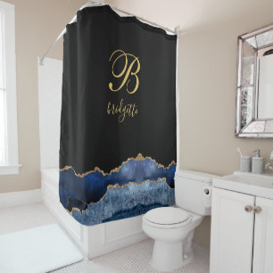 Monogram Black Gold Navy Agate Geode Duschvorhang