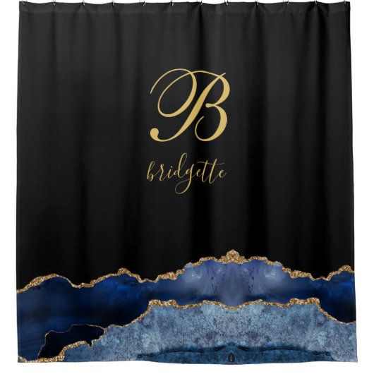 Monogram Black Gold Navy Agate Geode Duschvorhang (Vorderseite)