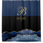 Monogram Black Gold Navy Agate Geode Duschvorhang (Vorderseite)