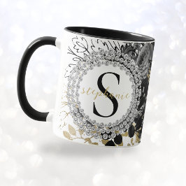 Monogram Black Gold Rose Diamonds Luxury Stylish Tasse