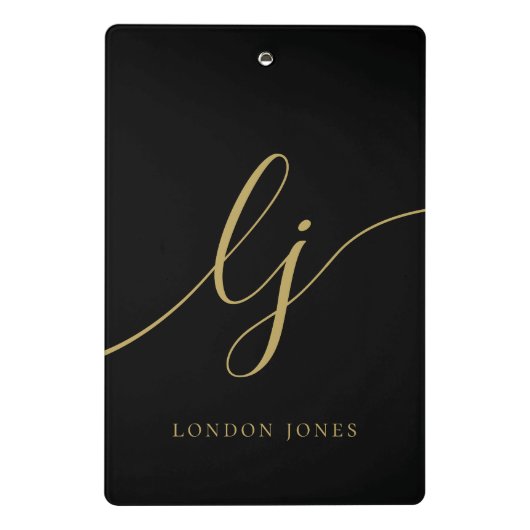 Monogram Black Gold Script Initials Beruflich Mini Klemmbrett (Rückseite)
