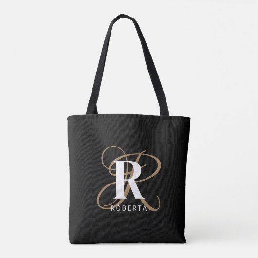 Monogram Black Gold Script Name Stilvoll Tasche (Rückseite)