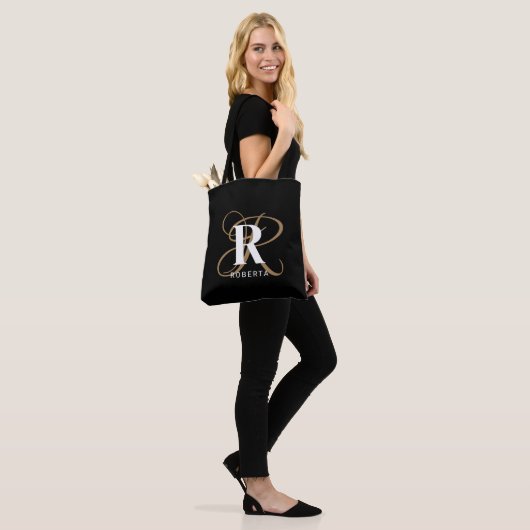 Monogram Black Gold Script Name Stilvoll Tasche (Am Model)