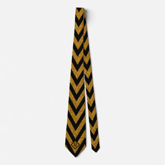 Monogram Black & Gold Strips Glitzer Design Männer Krawatte (Vorderseite)