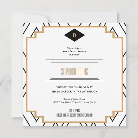 Monogram Black, Gold und White Art Deco Bridal Einladung (Vorderseite)
